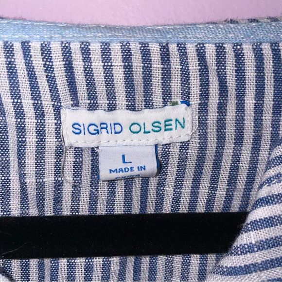 Sigrid Olsen Size L Linen Hooded Jacket Blue White Stripe Coastal Lagenlook - Picture 4 of 8